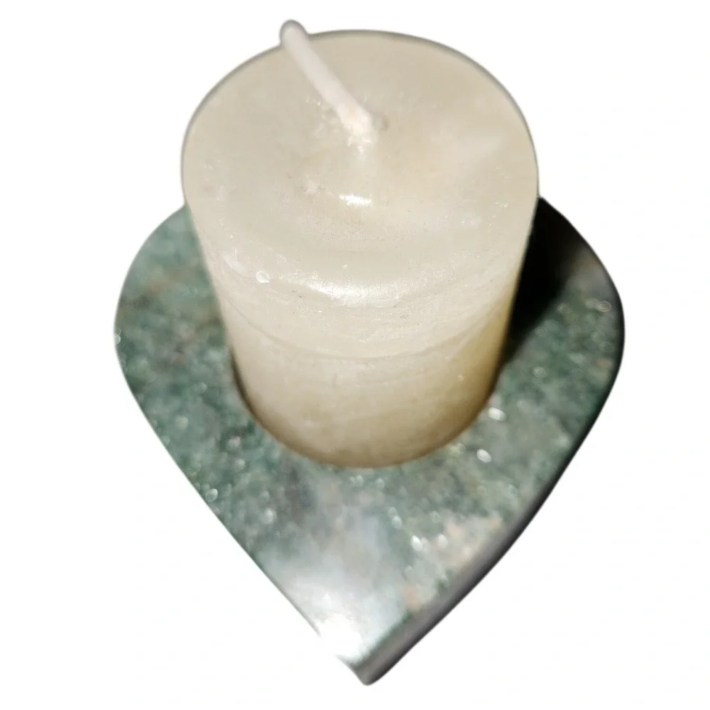 Green Natural Stone Heart Tea Light Candle Holder Polished Marble Altar Decor